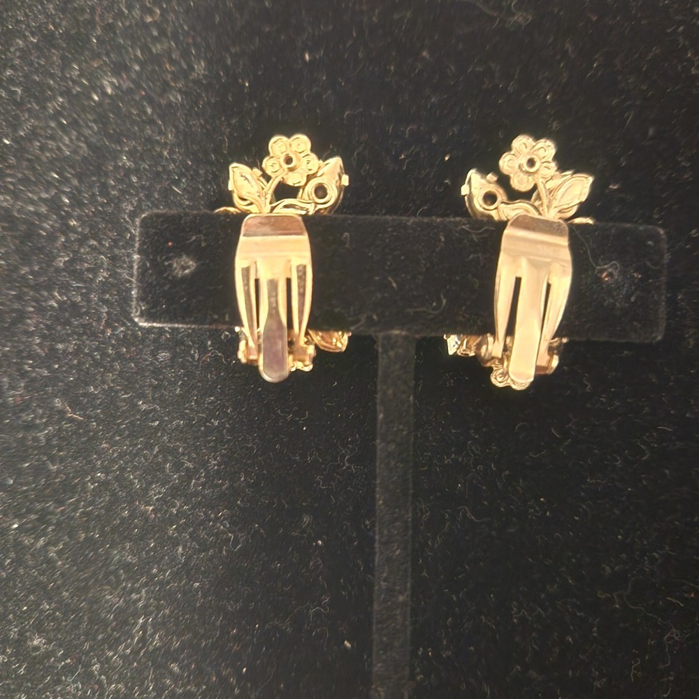 Sparkling Green Rhinestone Flower Clip On Earrings‎ Gold Tone Vintage - Picture 6 of 12